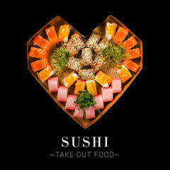 Wall Mural - Different sushi rolls served in heart shape delivery box. Set with salmon, tuna, shrimp. gift box of food to Valentine’s Day isolated on black background. Ready banner design with text and copy space