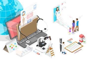 3D Isometric Flat  Conceptual Illustration of EHR - Electronic Health Record.