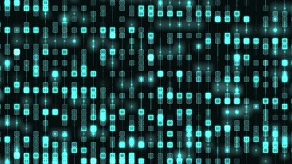 Wall Mural - Electronic circuit image cyber motion background with blinking turquoise green square dots at 60fps