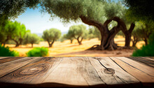 Empty Wood Table With Free Space Over Olive Trees Field Background. For Product Display Montage, Generative Ai