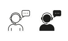 Customer Support Service Silhouette And Line Icon Set. Online Call Center Agent In Headset Pictogram. Hotline Assistant In Headphone With Speech Bubble. Editable Stroke. Isolated Vector Illustration