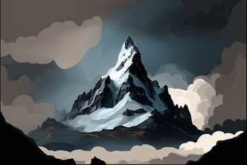 Wall Mural - Surreal, gloomy landscape with a dark, rocky mountain peak emerging from the mist under a gray, overcast sky. The summit was covered in a grayish low cloud. Amongst low clouds and atop a black rock fo