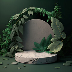 Natural stone and concrete podium in Natural green background for Empty show for packaging product presentation. Background for cosmetic products, the scene with green leaves, generative AI