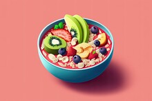 Strawberry, Banana, Blueberry, Kiwi, And Granola Atop A Pale Pink Background Make Up A Summery Acai Smoothie Bowl. Top Down, Close Up Shot Of A Bowl Of Fruit And Cereal Eaten For Breakfast. Generative