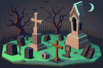 Wall Mural - Decorations for Halloween include a wooden table and a cemetery. Creepy Tombs in a Graveyard. Generative AI