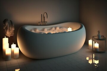 Cozy bathroom with bathtub lit with candles