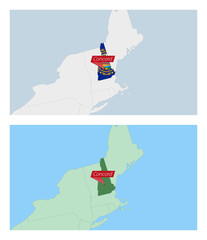 Sticker - New Hampshire map with pin of country capital. Two types of New Hampshire map with neighboring countries.