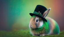 Cute Rabbit Wearing A Green Hat Celebrating Saint Patrick Day On Blurred Background. Generative AI