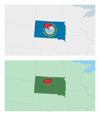 Sticker - South Dakota map with pin of country capital. Two types of South Dakota map with neighboring countries.