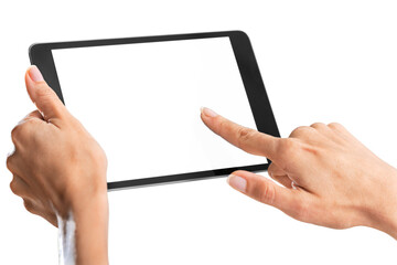 Sticker - Human hands Holding digital tablet with blank screen isolated on white