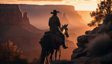 Cowboy On The Horse In Grand Canyon, Ai Based