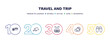 set of travel and trip thin line icons. travel and trip outline icons with infographic template. linear icons such as rubber, camping tent, lifejacket, cloudy, flip flop vector.
