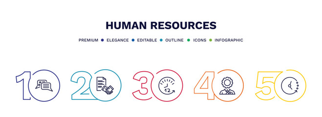 set of human resources thin line icons. human resources outline icons with infographic template. linear icons such as interview, contract, 12 hours, administrator, timing vector.