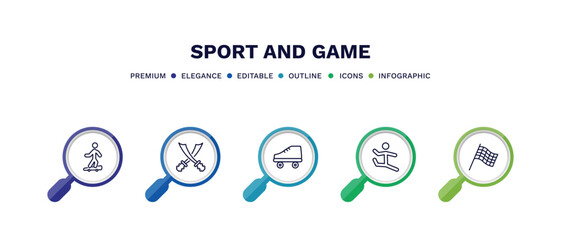 set of sport and game thin line icons. sport and game outline icons with infographic template. linear icons such as boy with skatingboard, saber, roller skate, dancer motion, chequered flag vector.