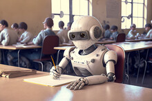 Intelligent Robot Seated At A Table For An Important Exam Or Test. Smart Robots Can Replace Humans For University Exams And Competitions. Generative AI