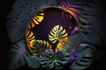 Wall Mural - Creative fluorescent, neon color layout made of tropical leaves. nature concept. ai generative