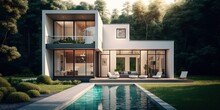 An Attractive Contemporary Home With Large Windows, A Garden, And A Swimming Pool Is Pictured, Generative AI