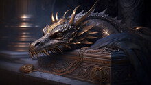 3d Dark Evil Dragon Is Sleeping Next To The Vault Full Of Treasure And Golden Coins, Game Scene Design.