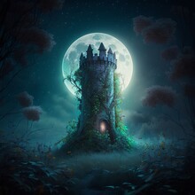 Dreamy Overgrown Medieval Wizard’s Tower In Foggy Clearing On A Moonlit Night. Whimsical Stone Castle Spire Ruin With Flowering Vines & Full Moon.  [Fairytale, Fantasy, Historic, Horror Scene.]
