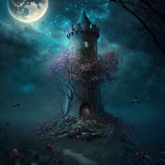 Dreamy Overgrown Medieval Wizard’s Tower in Foggy Clearing on a Moonlit Night. Whimsical Stone Castle Spire Ruin with Flowering Vines & Full Moon.  [Fairytale, Fantasy, Historic, Horror Scene.]