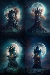 Wall Mural - Dreamy Overgrown Medieval Wizard’s Tower in Foggy Clearing on a Moonlit Night. Whimsical Stone Castle Spire Ruin with Flowering Vines & Full Moon. Set of 4. [Fairytale, Fantasy, Historic Scene.]