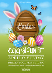 Wall Mural - easter poster with egg shaped signboard and colorful eggs on spring background. egg hunt flyer with flowers and easter eggs