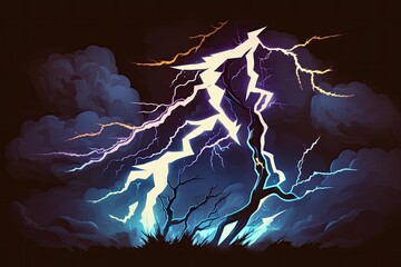 Canvas Print - The terrifying lightning in the night sky, captured from a low angle. Generative AI