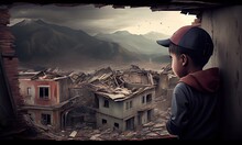 Child Looking At Buildings And Cityscape Destroyed, Generative AI