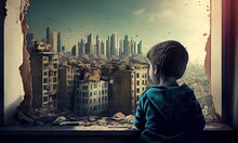 Child Looking At Buildings And Cityscape Destroyed, Generative AI