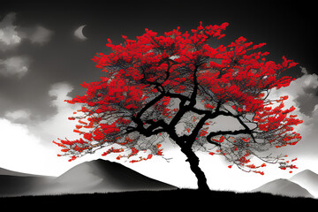 Illustration Background red cherry blossom on a black and white background - Generative AI