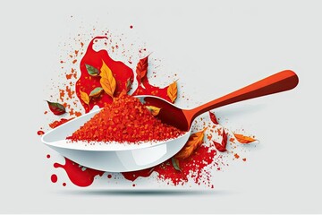 Sticker - a dish of red chili powder and a spoon, flakes of red pepper. Generative AI