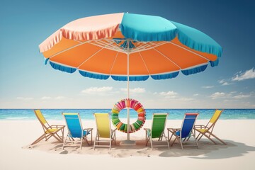 Wall Mural - Umbrella with chairs inflatable ring on beach. AI Generationa