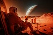 Astronaut with beer on another planet. The concept of unlimited relaxation. AI generated