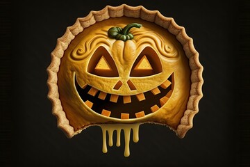 Wall Mural - Pumpkin pie with a spooky face carved into the top for Halloween. Bakeries in the fall. Generative AI