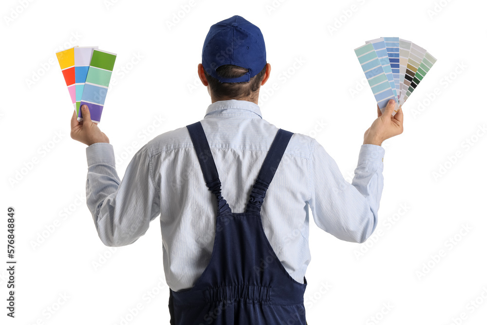 Male painter with color palettes on white background, back view