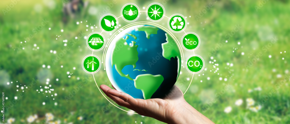 Picture of Zero emissions and carbon neutral concept in the hand. Renewable energy ...