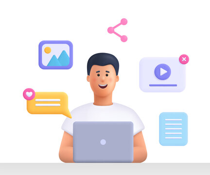 Wall Mural - Young smiling man working on laptop computer. Content filling, content management and social media concept. 3d vector people character illustration. Cartoon minimal style.