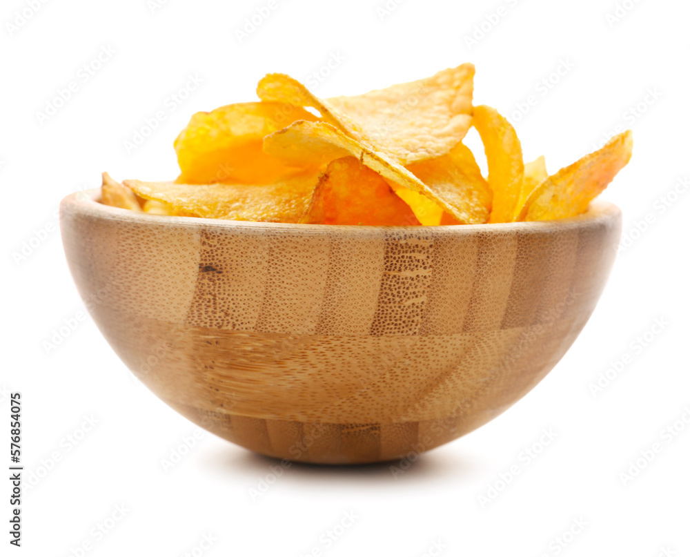Bowl with delicious potato chips isolated on white background