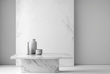 Background Of A Vertical Marble Table, Stone Tabletop In White As A Backdrop For Showcasing Kitchenwares Blank Storefront Elements Including A White Wall, Desk, And Shelf. Generative AI