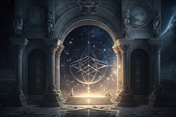 Zodiac symbols and sacred temple backdrop, astrology, alchemy, magic, sorcery and crystals enigmatic structure.