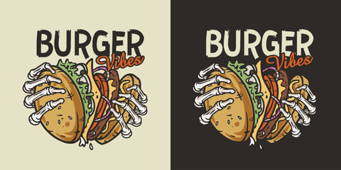 Wall Mural - Burger in skeleton hands. American fast food or USA food with bones and hamburger with meat, cheese and vegetable for logo or poster