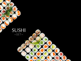 Wall Mural - Set of different types of Maki sushi rolls. A lot of sushi isolated on black background with text and copy space. Ready square restaurant menu banner. Assortment of Futomaki rolls with greens on top