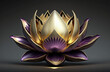 Stylized lavender and metallic gold lotus on dark background. Generative AI.