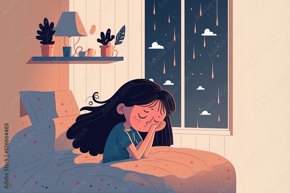Sad girl alone in white bedroom at nighttime. Generative AI Stock ...