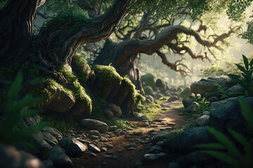 Wall Mural - a beautiful fairy tale enchanted forest with big trees and great vegetation. digital painting backgr