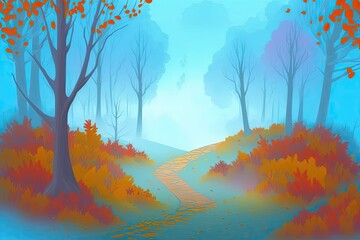 Wall Mural - Gorgeous blue fog blankets the forest floor in the fall. Magical trees with vibrant orange and red leaves dot the landscape. Dreamlike path through the misty forest. October is the month for beautiful