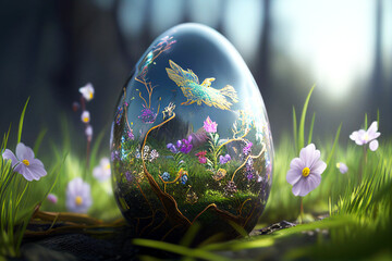 Wall Mural - Gorgeous transparent easter egg with flowers. Forest in the background. Easter. 