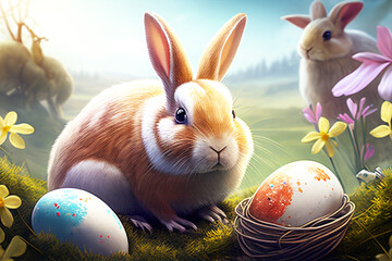 Wall Mural - Rabbit on grass with easter eggs. Flowers in the background. Easter.