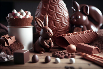 Wall Mural - Chocolate bunny on a table with chocolates. Easter