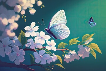 Canvas Print - Soft focus image of a white butterfly and some blooms. Blue and lilac background with a cherry tree branch in full bloom in the spring. Stunningly gorgeous artwork depicting the springtime beauty of n